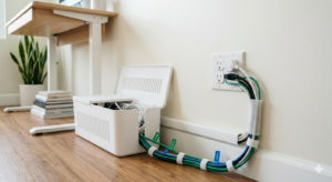 organized wires and safe outlets for kids